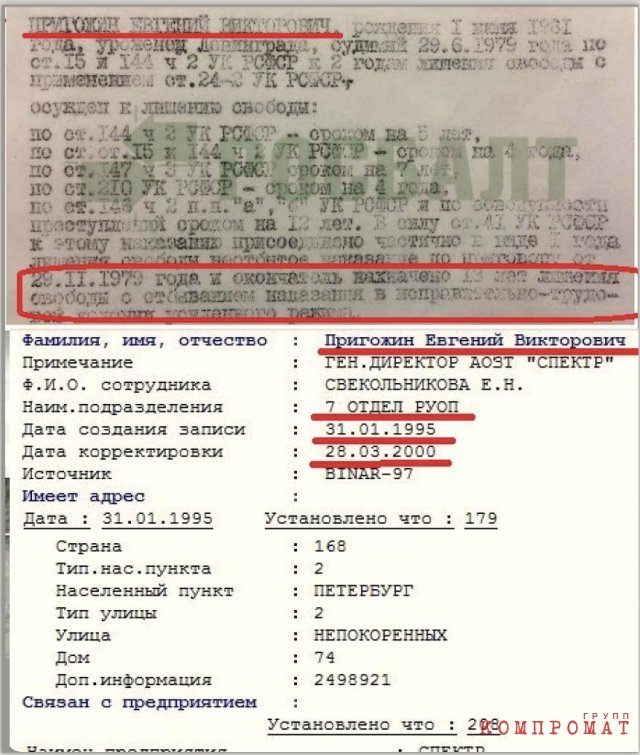 Prigozhin's registration card in the RUOP database and a fragment of the verdict