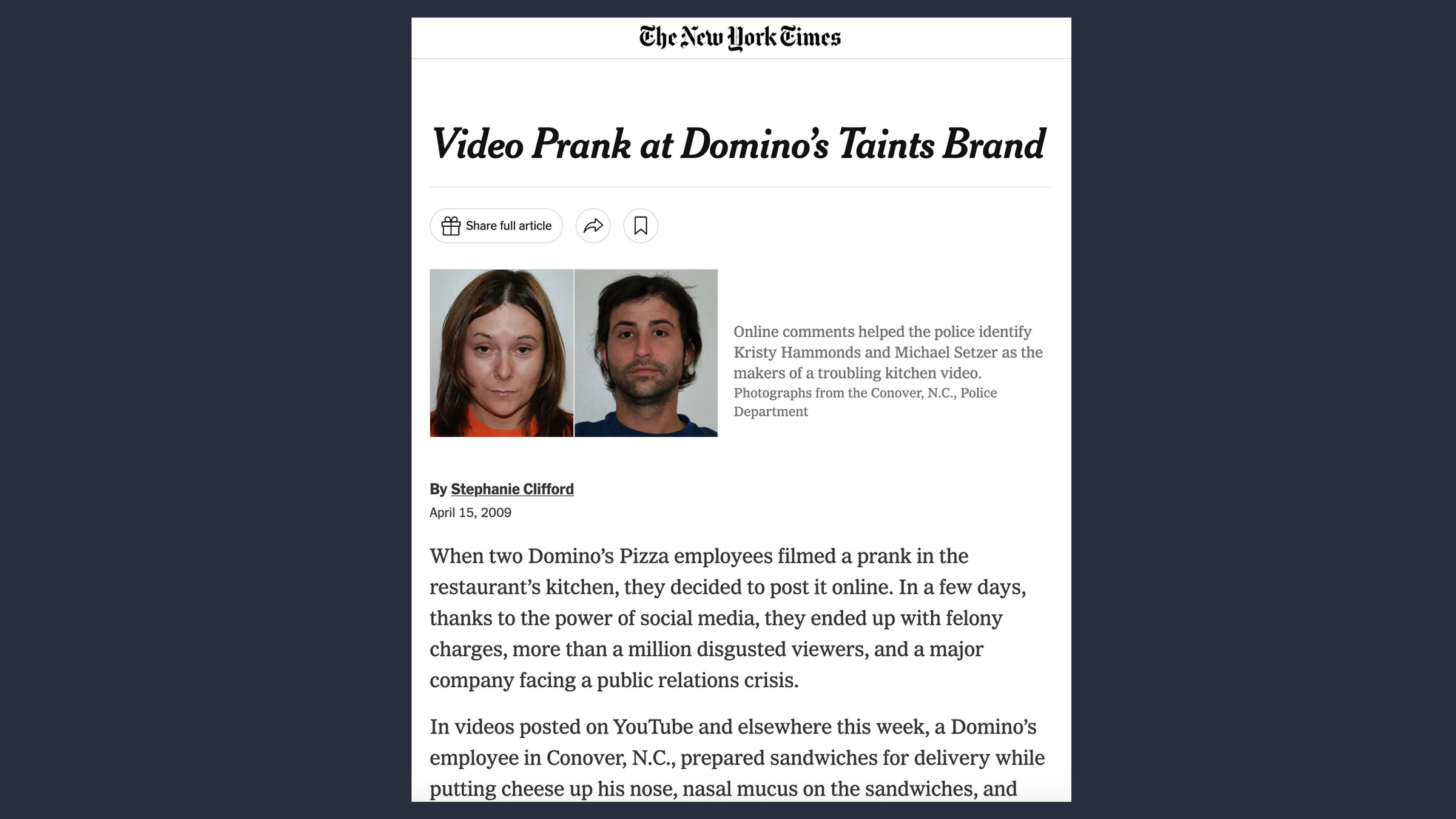 Even The New York Times supported the high-profile scandal involving two pizzeria employees.  Screen © nytimes.com