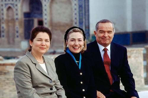 from left to right: tatyana karimova, hillary clinton and islam karimov