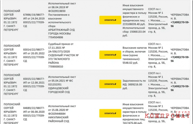 Today, only officially, Polonsky owes about 30 million rubles.  Combined with another lost lawsuit - already 50 million