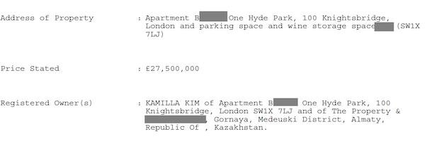 Extract from the property register for an apartment in One Hyde Park