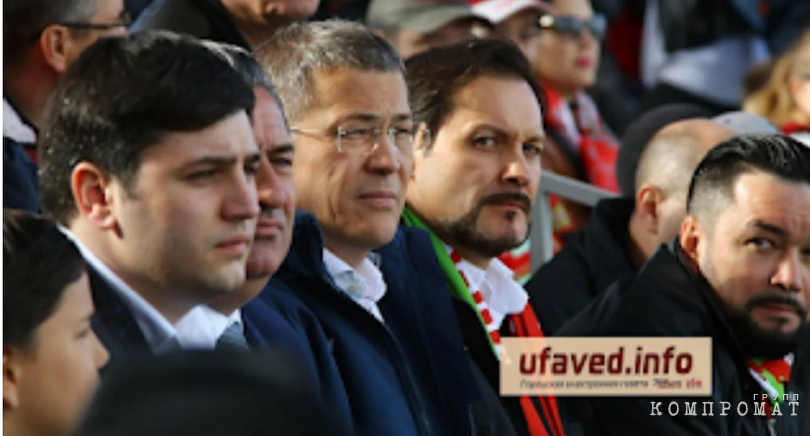 from left to right, marzaev’s eldest son akhsarbek, alan marzaev himself and the head of the region radiy khabirov at the fc ufa match