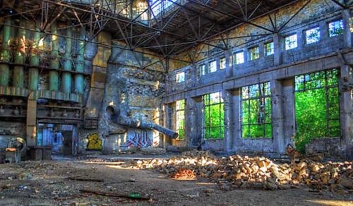 One of the collapsed buildings of the shipyard