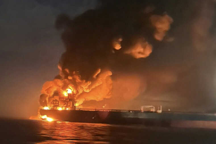 The tanker VIRAT was ablaze near the Turkish shoreline.
